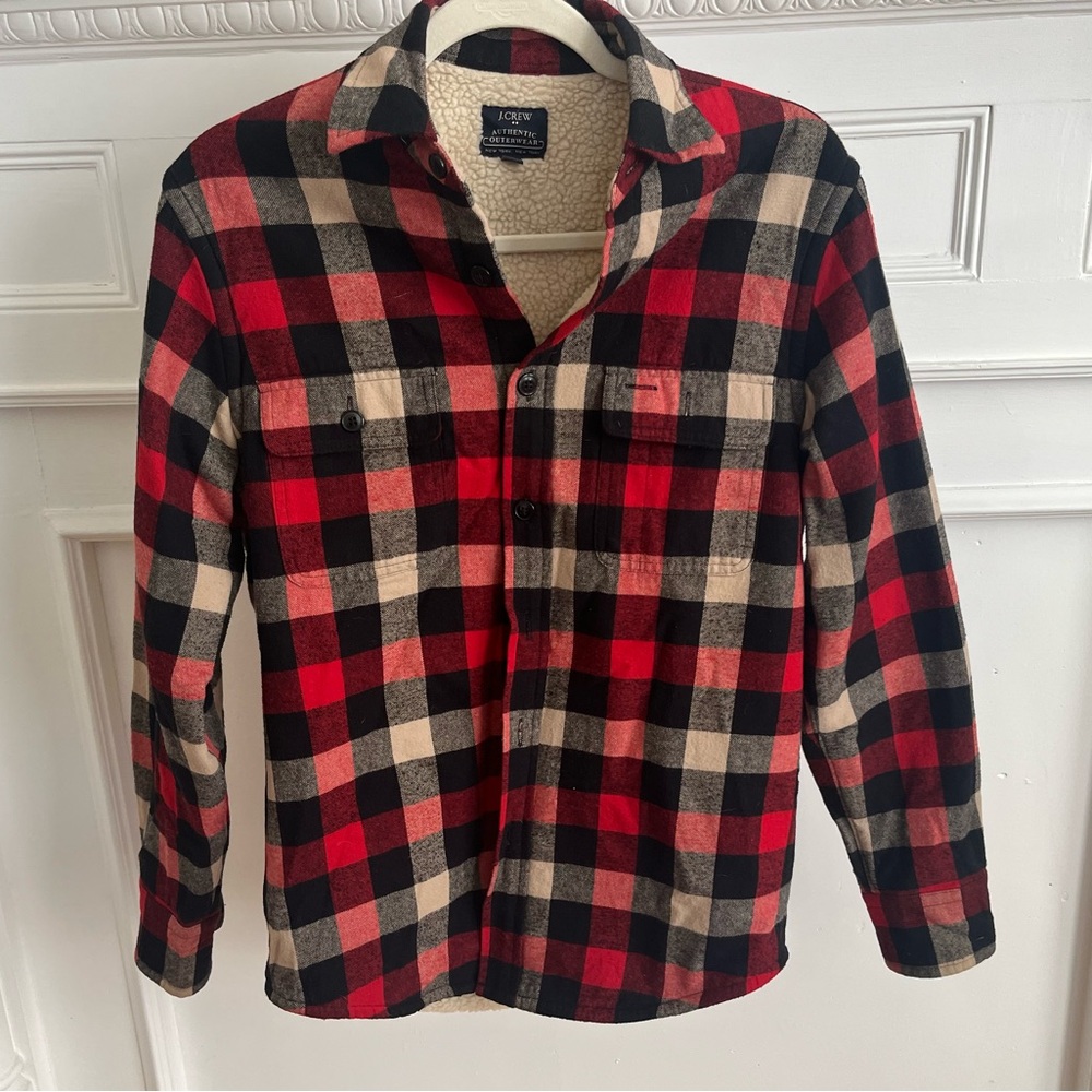 J. Crew Red Black Cream Buffalo Plaid Sherpa-Lined Button-Down